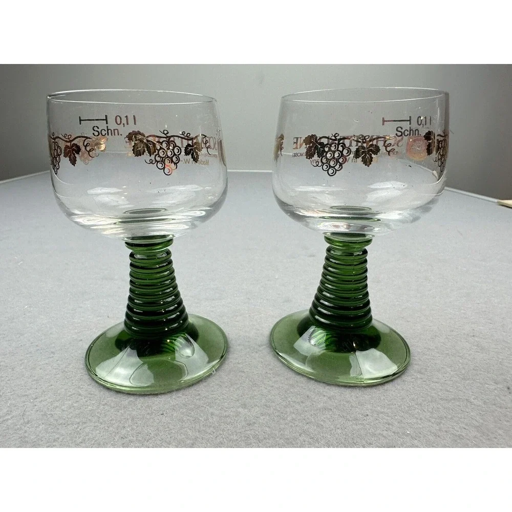 Twin Schmitt Sohne Green Beehive‎ Stem Wine Goblet Glasses Vintage